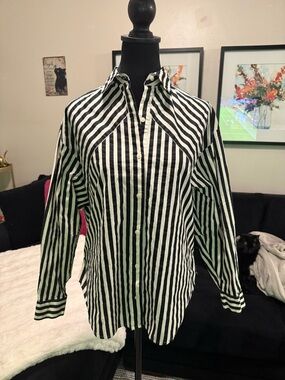 Black & White Vertical Stripe Button-Up Shirt - Woman’s Boyfriend fit